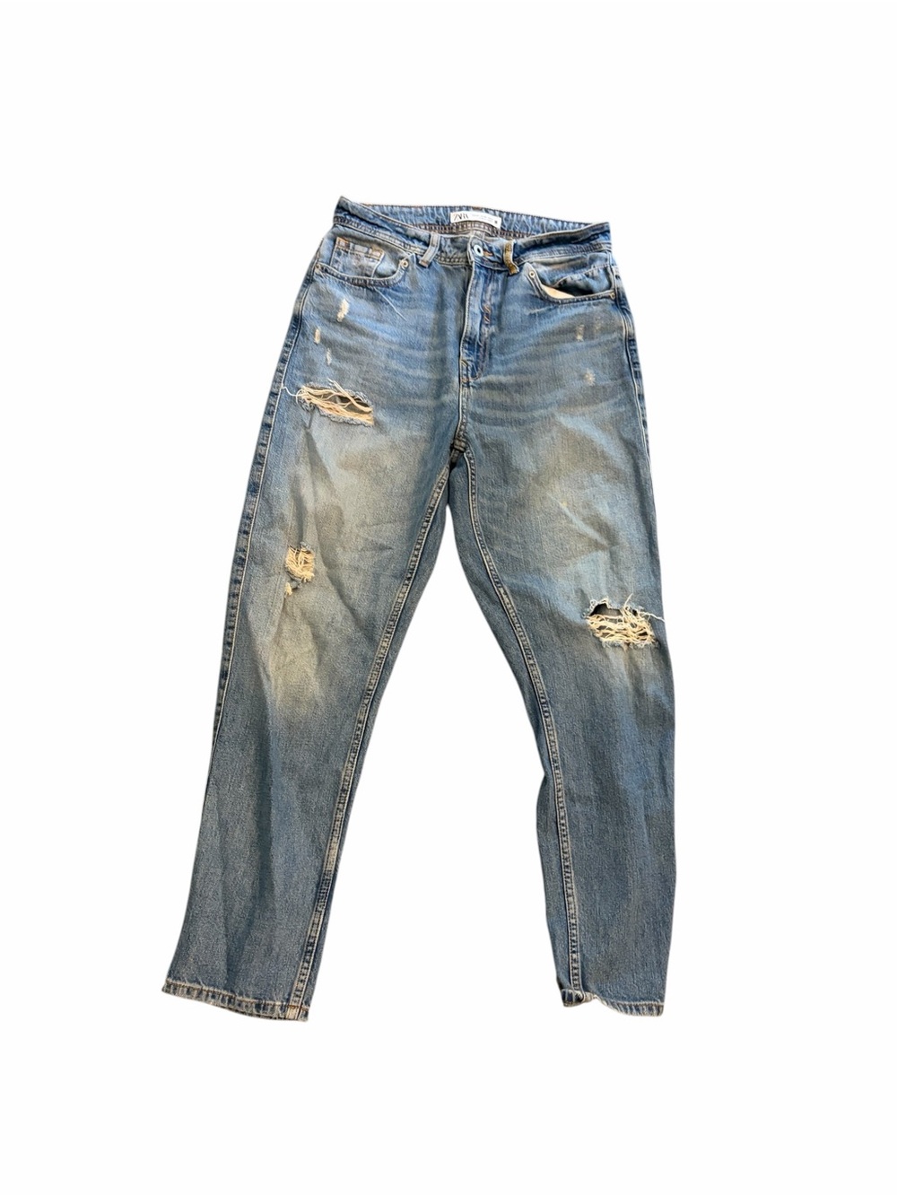 Zara Men's Light Blue Straight Jeans with Distressed Rips